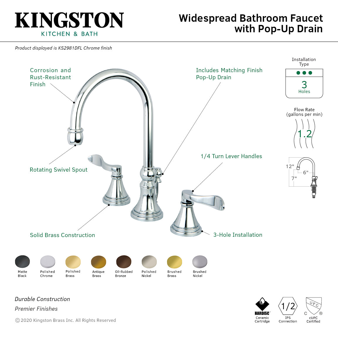 Kingston Tulare KS2985DFL - NuFrench Two-Handle 3-Hole Deck Mount Widespread Bathroom Faucet with Brass Pop-Up, Oil Rubbed Bronze — thumbnail 3